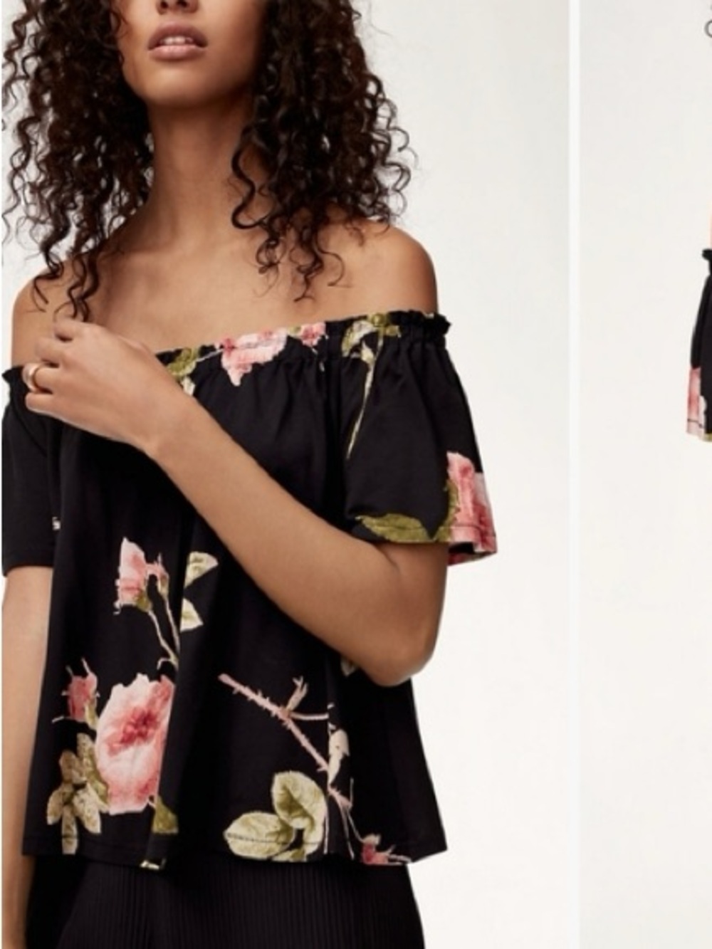 Wilfred by Aritzia Floral Off-the-Shoulder Top | Black & Pink Rose | Size XS